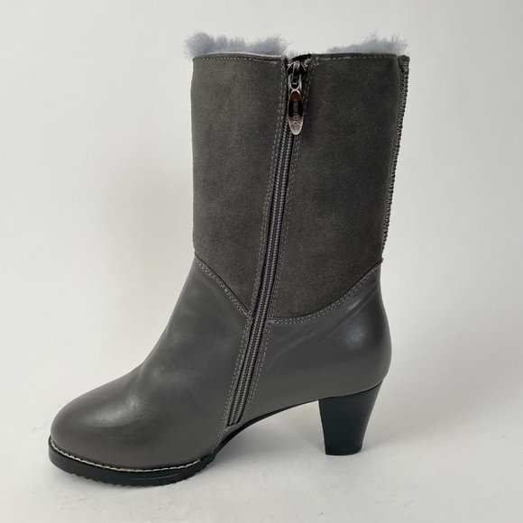 NEW Auabp Leather Shearling Lined Mid Height Heeled Boots, Grey, Size 9 - Picture 4 of 9